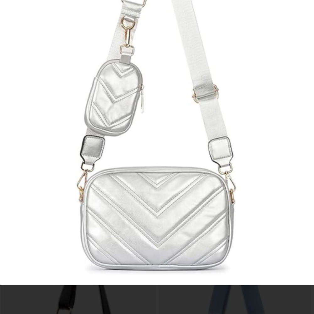 Herald Chevron Quilted Small Crossbody Bag with Coin Purse Pouch Women Silver - Picture 2 of 8